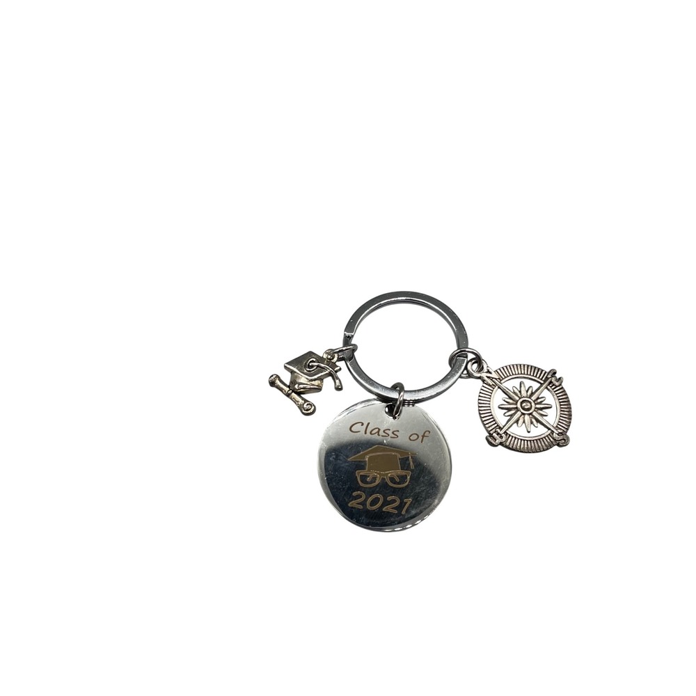 Class of 2021 Graduation Keychain Silver Tone Compass & Grad Cap Charms Gift